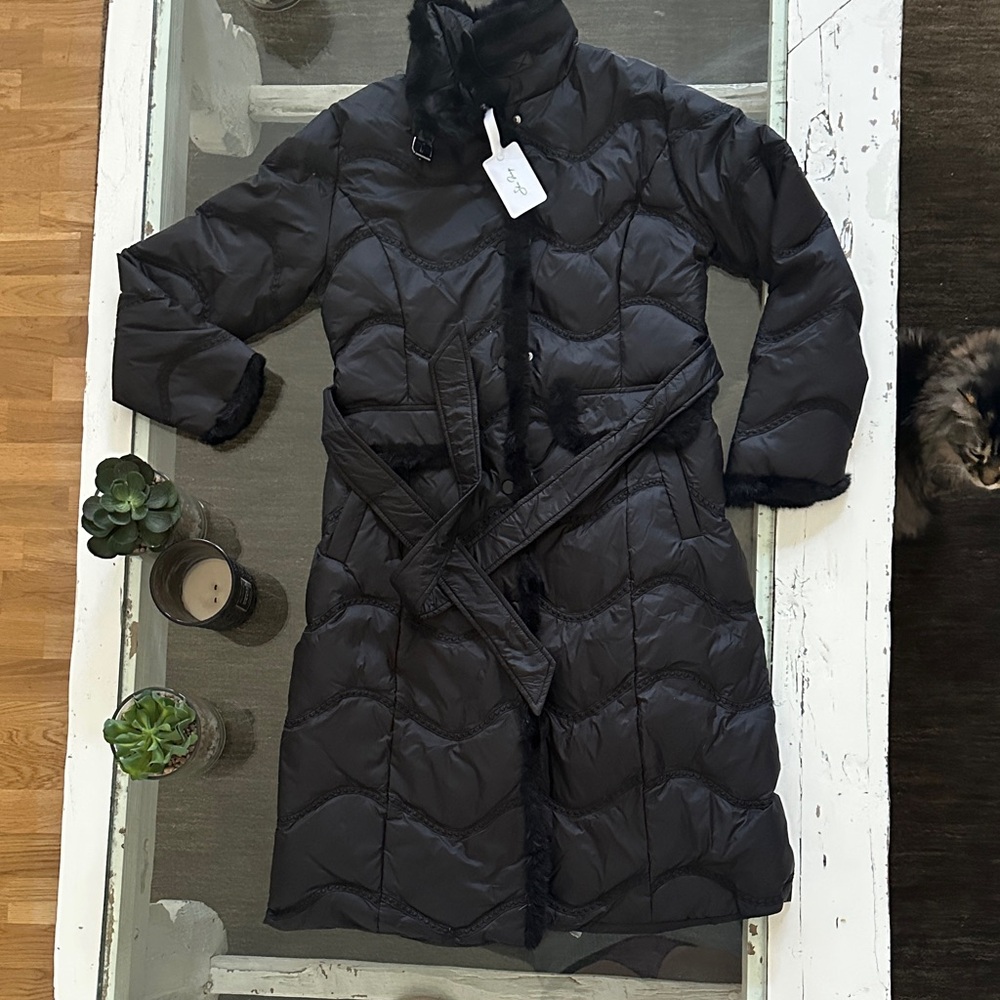 Long Quilted Belted Puffer Coat - Black
